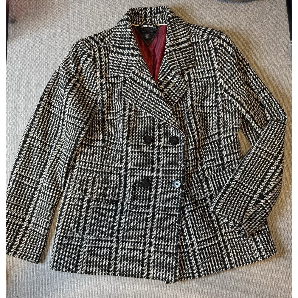 TOMMY HILFIGER Women's Black, White Check Plaid Pea Coat Wool Blend Coat Sz XL.